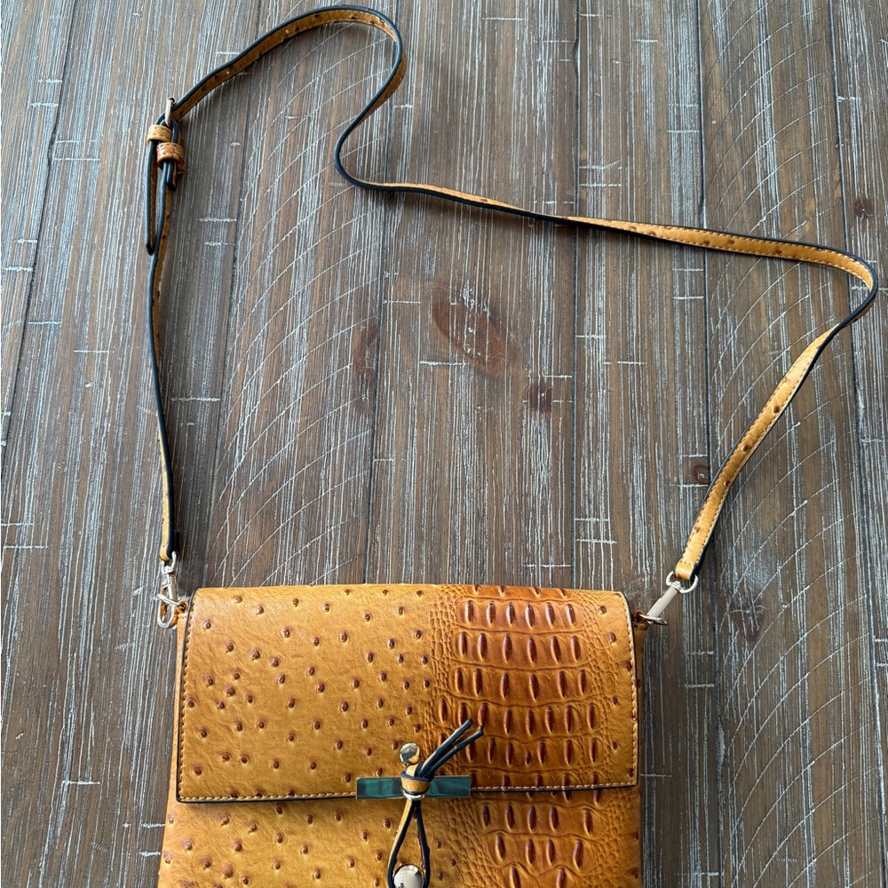 Elegant Tan Faux Ostrich Leather Crossbody Bag
